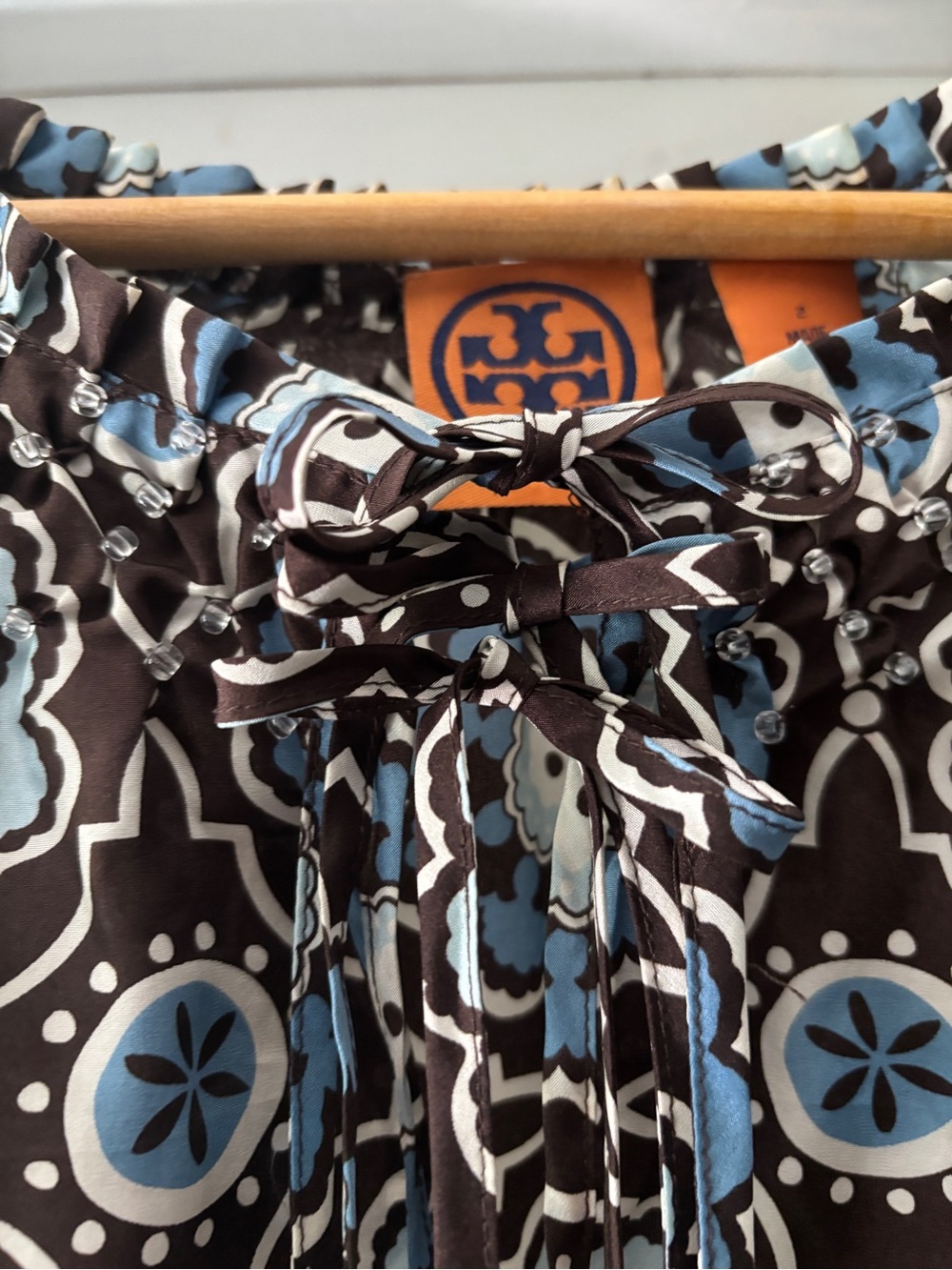 Tory Burch Silk Triple Tie Blouse Moroccan Print Brown Blue Size 2 - Picture 3 of 15